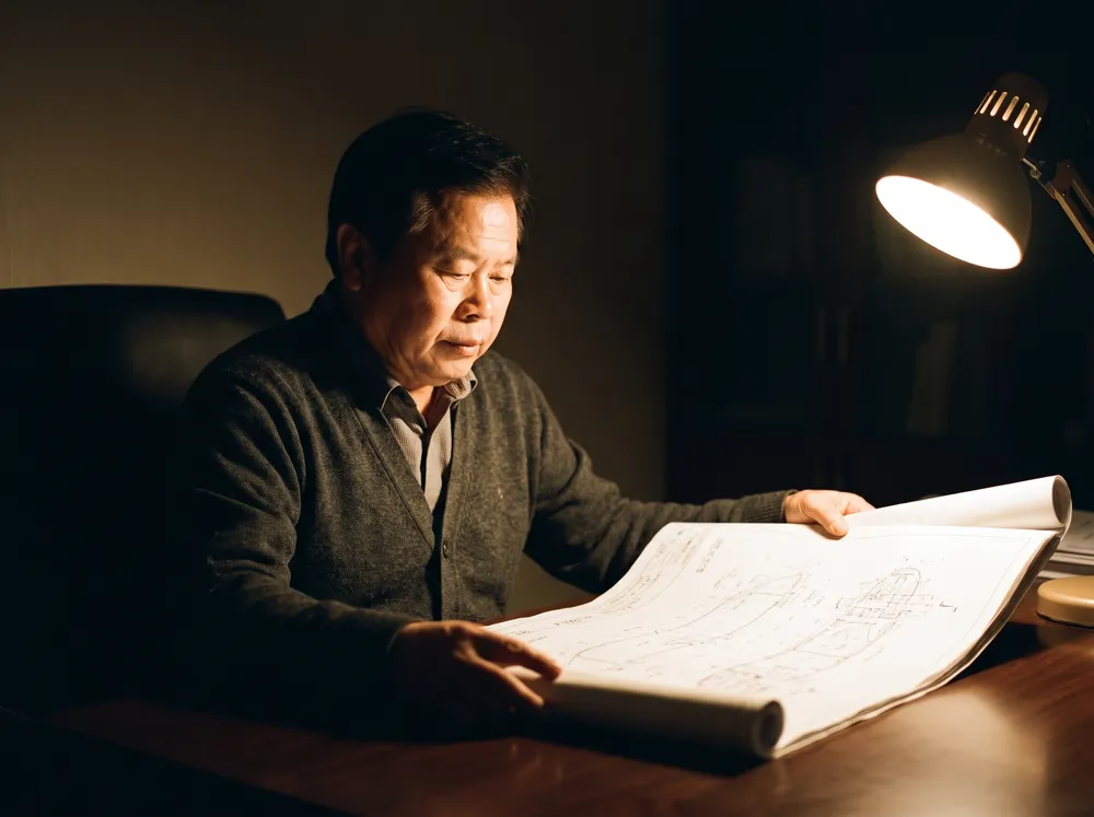 Jung Hong Jun studying ship drawings under a desk lamp