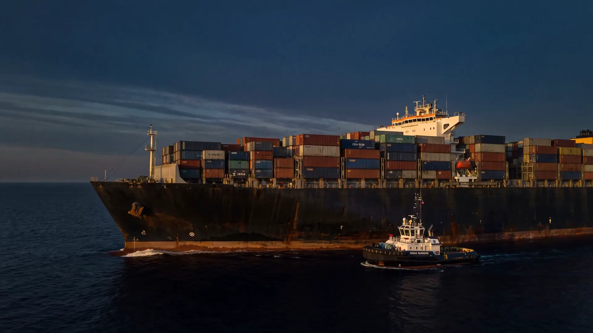 A colossal vessel on dark open water at dusk, where the legacy stands today